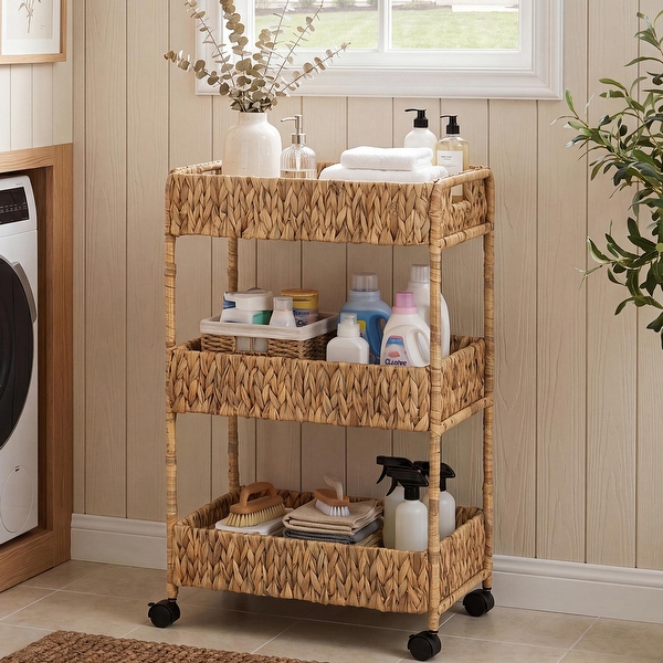 12.8undefined Wide 3‑Tier Water Hyacinth Rolling Cart Natural